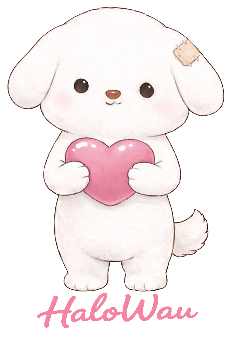 HaloWau – Cartoon-Hundefigur mit Herz und Pflaster am Ohr